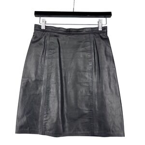 Vintage 90's Black Real Leather Skirt Knee Length Size 25 waist Corporate Goth